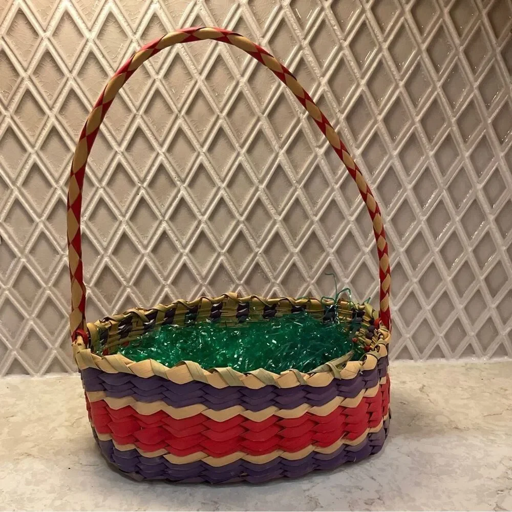Vintage 60s Hand Crafted 3-color Wicker Basket